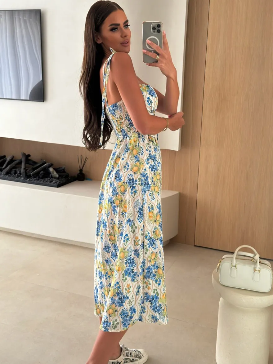 Robe midi bustier à motif floral et fruité parfaite pour les sorties décontractées