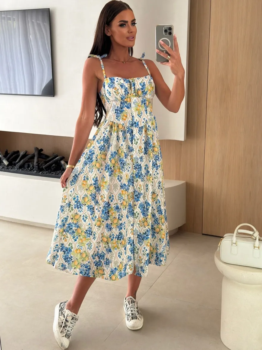 Robe midi bustier à motif floral et fruité parfaite pour les sorties décontractées