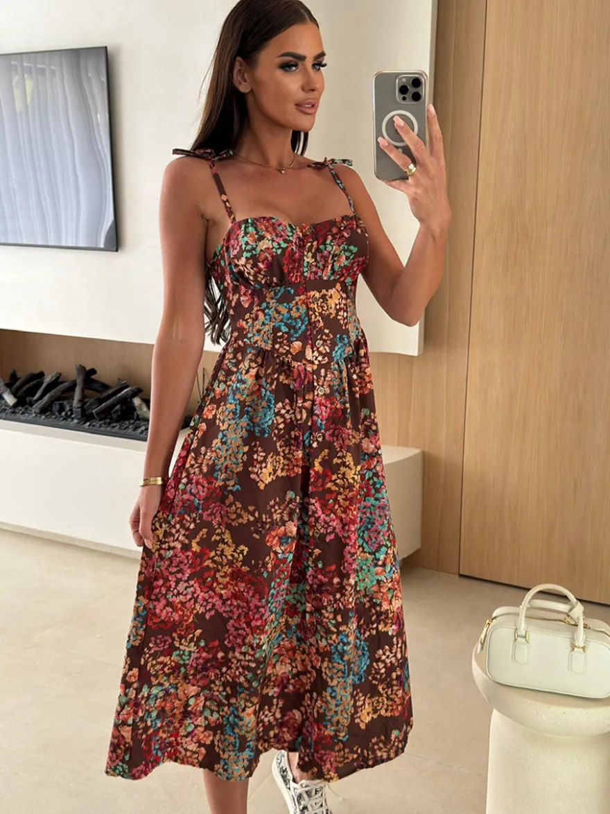 Robe midi bustier à motif floral et fruité parfaite pour les sorties décontractées