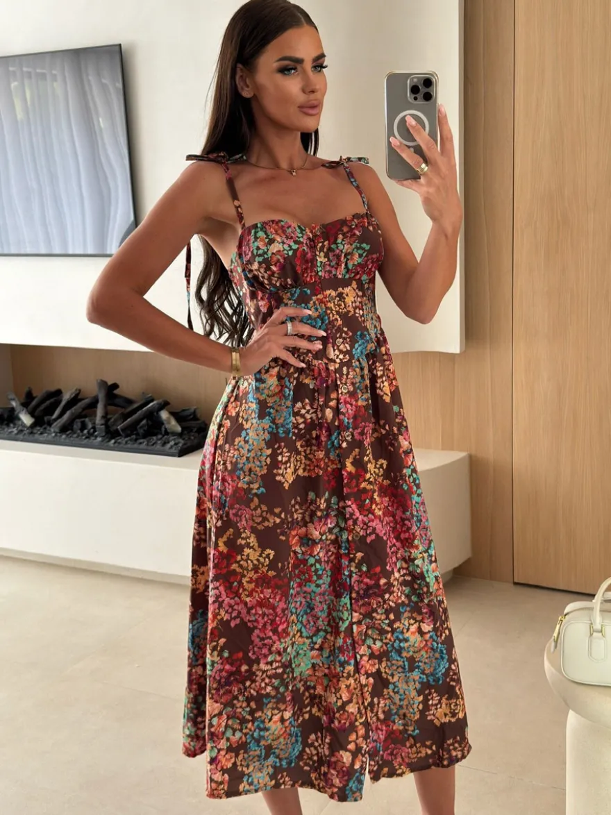 Robe midi bustier à motif floral et fruité parfaite pour les sorties décontractées