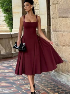 Robe midi à col carré pour femme - Robe plissée rétro trapèze - Idéale pour un cocktail de printemps 2026
