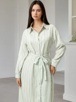 Robe midi Daily Dresses à rayures verticales revers manches longues et taille nouée