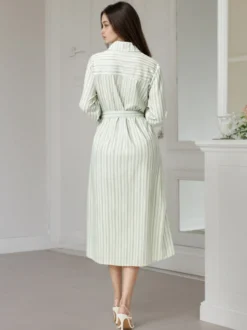 Robe midi Daily Dresses à rayures verticales revers manches longues et taille nouée