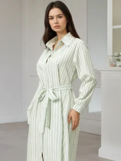 Robe midi Daily Dresses à rayures verticales revers manches longues et taille nouée