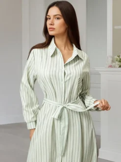 Robe midi Daily Dresses à rayures verticales revers manches longues et taille nouée