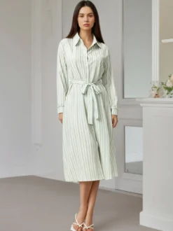 Robe midi Daily Dresses à rayures verticales revers manches longues et taille nouée