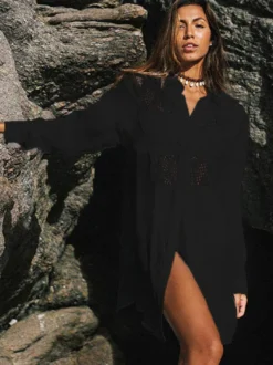 Robe midi de plage en coton oversize découpée sexy col rabattu manches courtes maillot de bain d'été
