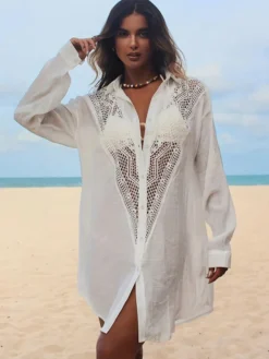 Robe midi de plage en coton oversize découpée sexy col rabattu manches courtes maillot de bain d'été