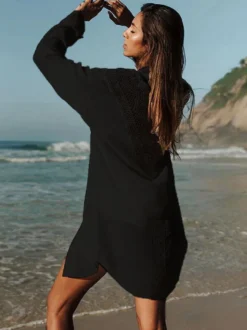 Robe midi de plage en coton oversize découpée sexy col rabattu manches courtes maillot de bain d'été