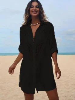Robe midi de plage en coton oversize découpée sexy col rabattu manches courtes maillot de bain d'été
