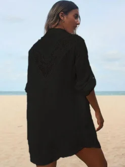 Robe midi de plage en coton oversize découpée sexy col rabattu manches courtes maillot de bain d'été