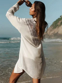 Robe midi de plage en coton oversize découpée sexy col rabattu manches courtes maillot de bain d'été