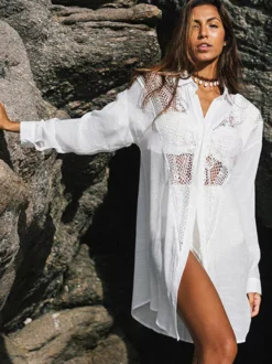 Robe midi de plage en coton oversize découpée sexy col rabattu manches courtes maillot de bain d'été