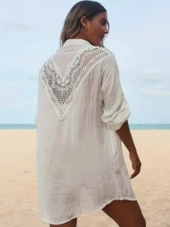 Robe midi de plage en coton oversize découpée sexy col rabattu manches courtes maillot de bain d'été