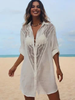 Robe midi de plage en coton oversize découpée sexy col rabattu manches courtes maillot de bain d'été