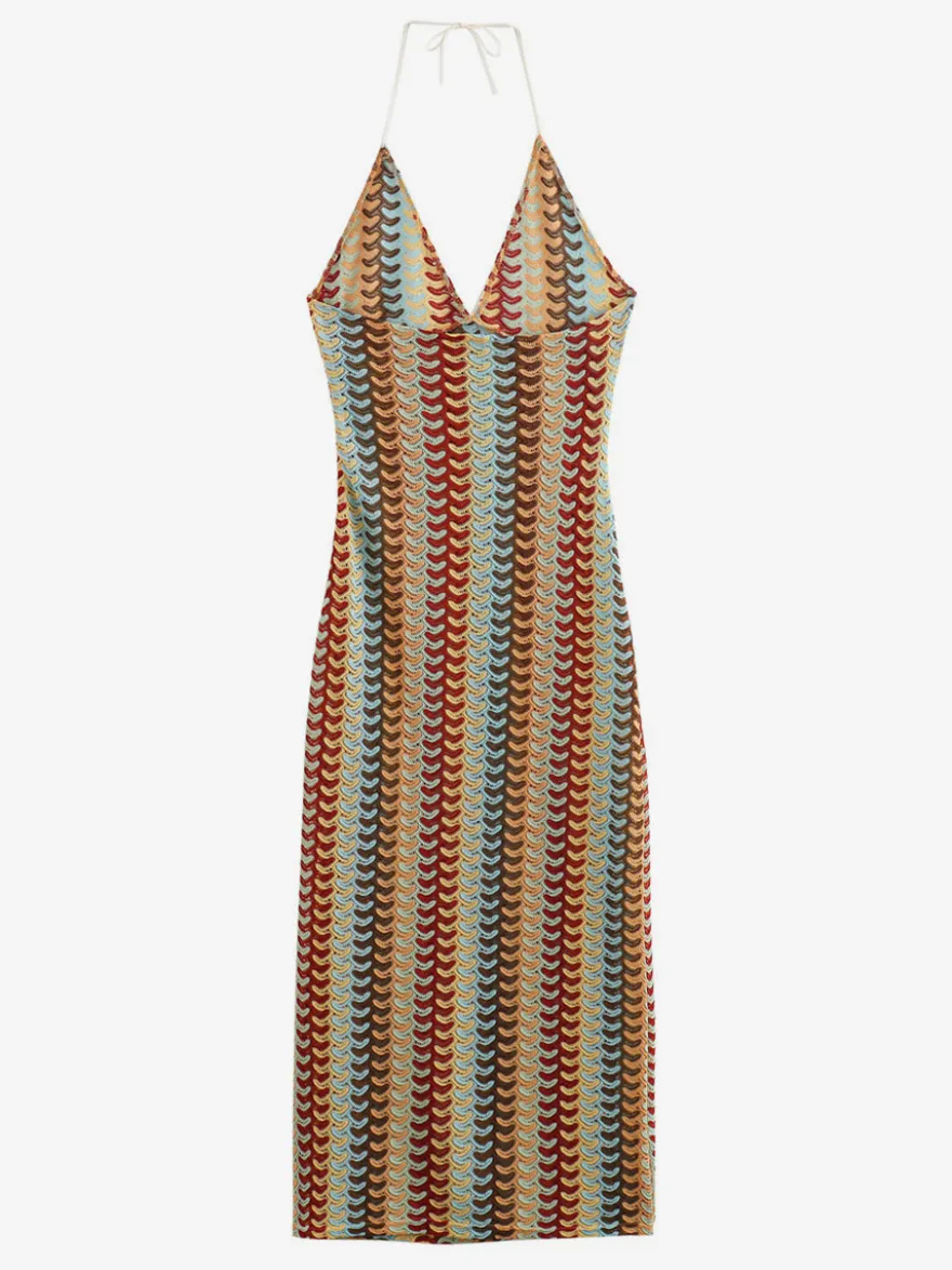 Robe midi dos nu en crochet color block pour femme style bohème chic