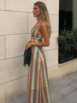 Robe midi dos nu en crochet color block pour femme style bohème chic