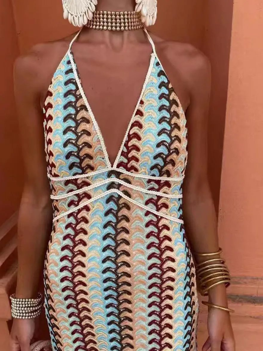 Robe midi dos nu en crochet color block pour femme style bohème chic