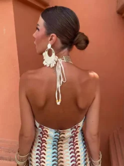 Robe midi dos nu en crochet color block pour femme style bohème chic