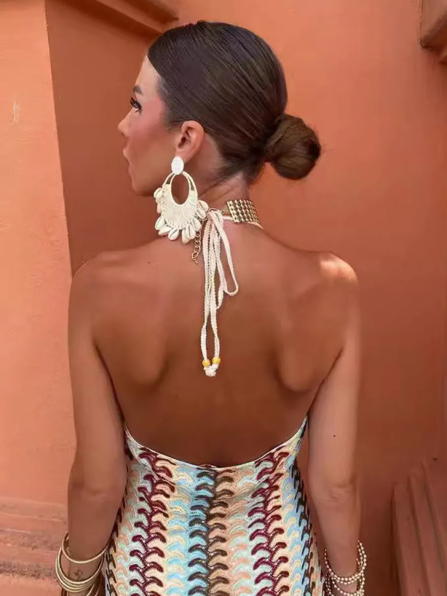 Robe midi dos nu en crochet color block pour femme style bohème chic