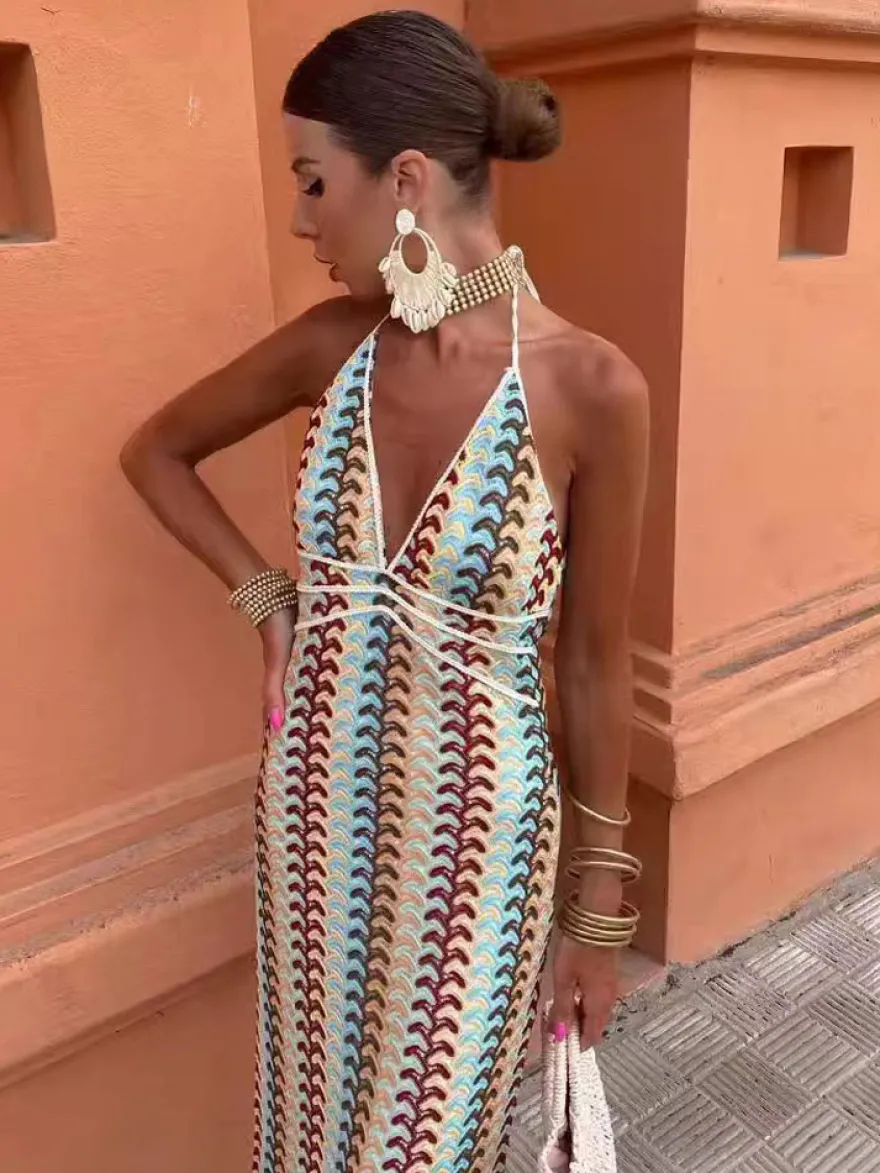 Robe midi dos nu en crochet color block pour femme style bohème chic