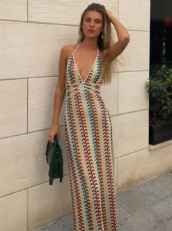 Robe midi dos nu en crochet color block pour femme style bohème chic