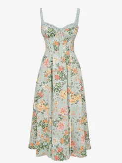 Robe midi dos nu à fleurs sans manches à cordon de serrage imprimé floral et col en V style décontracté vert