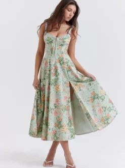 Robe midi dos nu à fleurs sans manches à cordon de serrage imprimé floral et col en V style décontracté vert