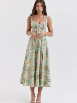 Robe midi dos nu à fleurs sans manches à cordon de serrage imprimé floral et col en V style décontracté vert
