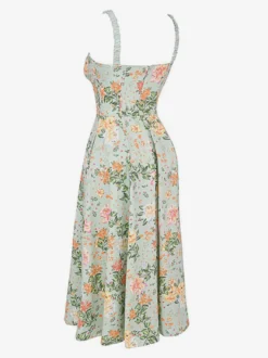 Robe midi dos nu à fleurs sans manches à cordon de serrage imprimé floral et col en V style décontracté vert