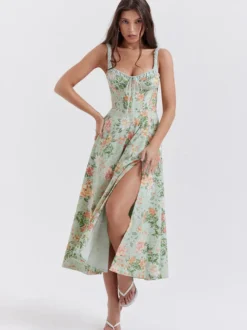 Robe midi dos nu à fleurs sans manches à cordon de serrage imprimé floral et col en V style décontracté vert