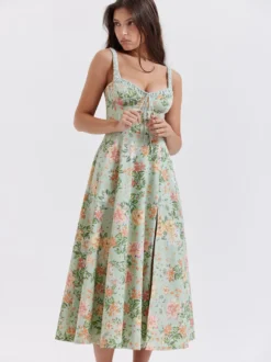 Robe midi dos nu à fleurs sans manches à cordon de serrage imprimé floral et col en V style décontracté vert