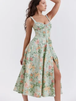Robe midi dos nu à fleurs sans manches à cordon de serrage imprimé floral et col en V style décontracté vert