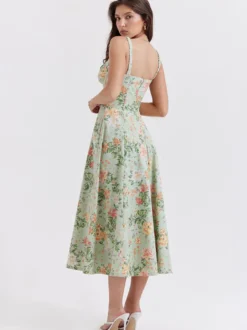 Robe midi dos nu à fleurs sans manches à cordon de serrage imprimé floral et col en V style décontracté vert