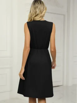 Robe midi en dentelle à col V pour femme - Robe d'été trapèze sans manches avec poches - Tenue décontractée d'été 2026