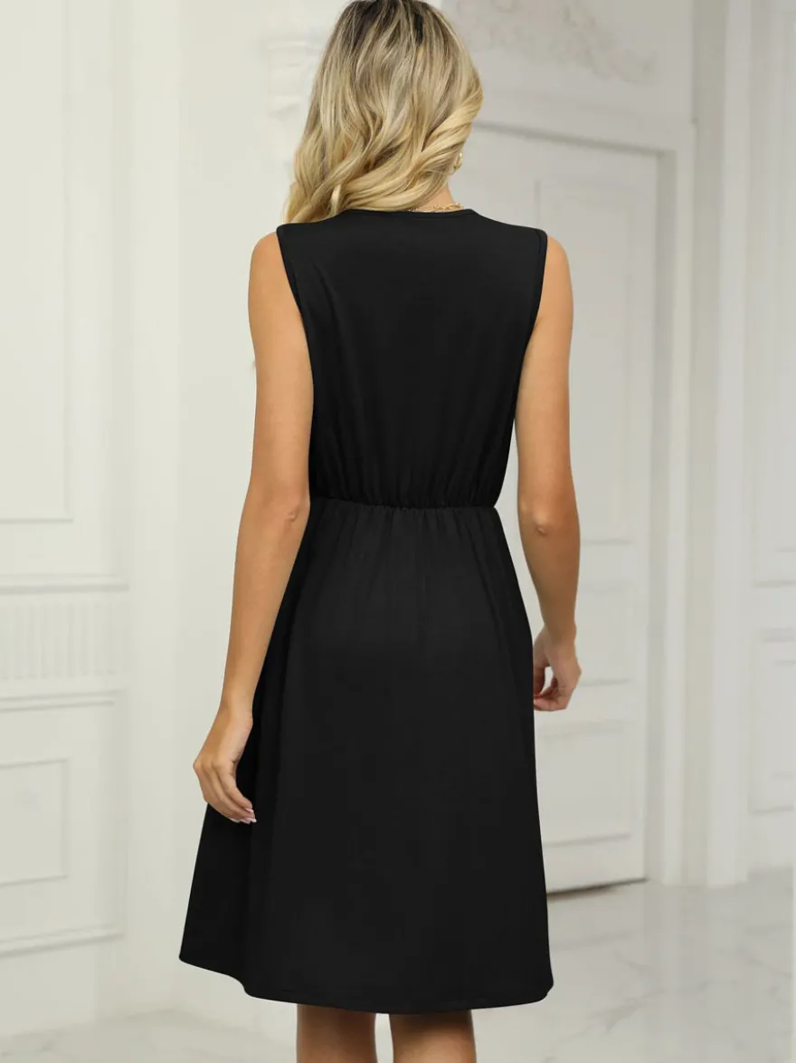 Robe midi en dentelle à col V pour femme - Robe d'été trapèze sans manches avec poches - Tenue décontractée d'été 2026