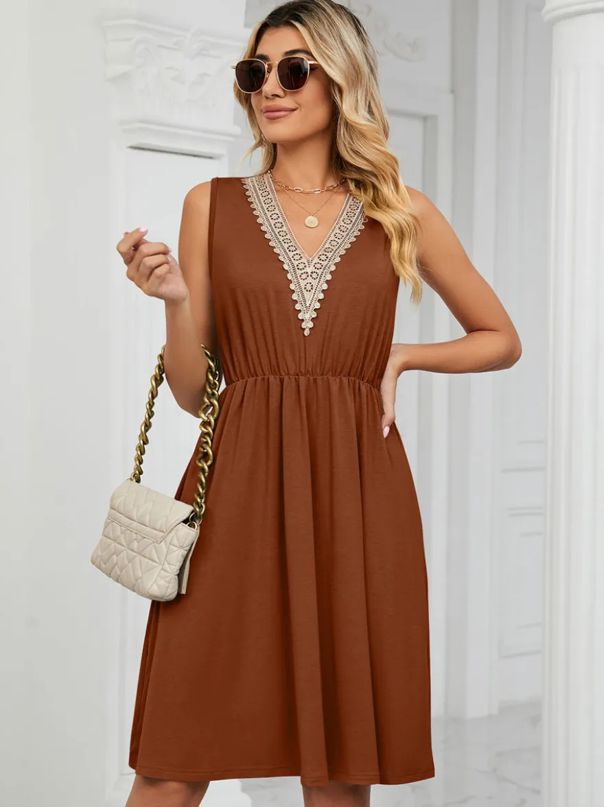Robe midi en dentelle à col V pour femme - Robe d'été trapèze sans manches avec poches - Tenue décontractée d'été 2026