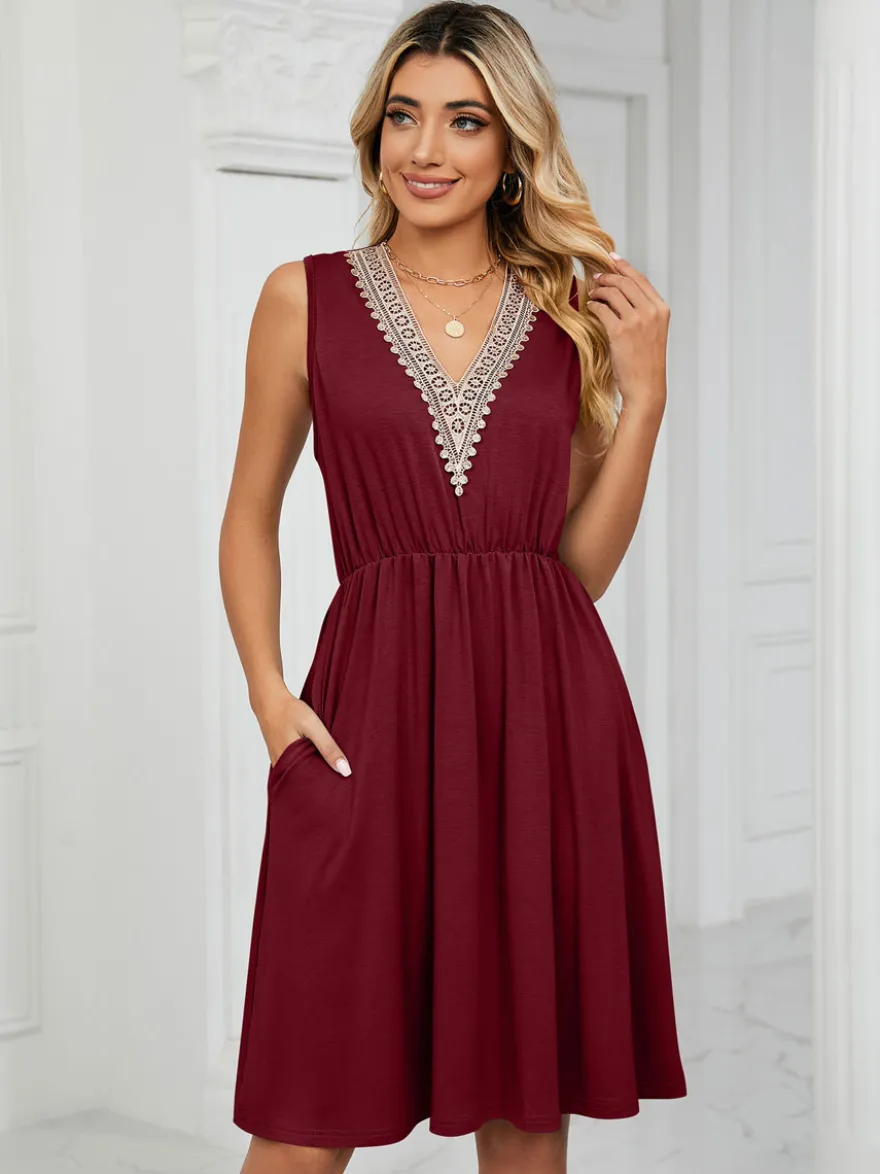 Robe midi en dentelle à col V pour femme - Robe d'été trapèze sans manches avec poches - Tenue décontractée d'été 2026