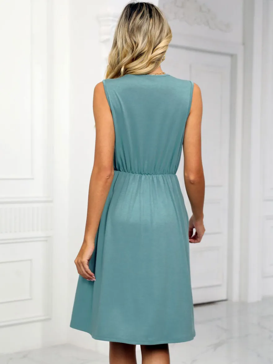 Robe midi en dentelle à col V pour femme - Robe d'été trapèze sans manches avec poches - Tenue décontractée d'été 2026