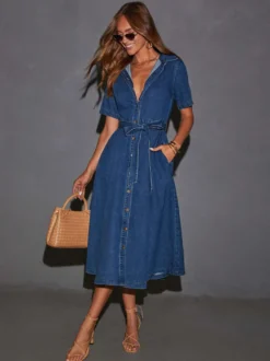 Robe midi en jean bleu marine à manches courtes pour femme style classique décontracté