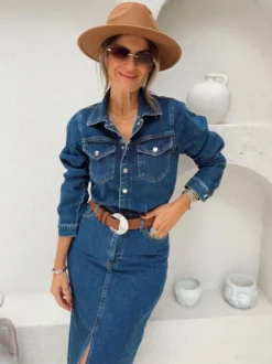 Robe midi en jean à manches longues pour femme - Robe moulante bleue style western boutonnée sur le devant et fendue sur le devant - Collection printemps 2026