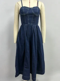 Robe midi en jean pour femme - Robe bustier sexy bleu foncé à plis et bustier - Idéale pour un pique-nique décontracté en été 2026