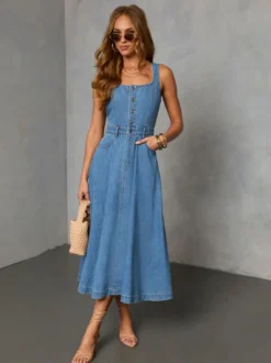 Robe midi en jean sans manches pour femme - Robe d'été bleue moyenne col carré boutonnée coupe évasée - Idéale pour un pique-nique décontracté en été 2026