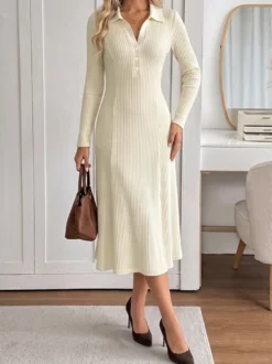 Robe midi en maille côtelée à col revers robe chemise à manches longues boutonnée sur le devant idéale pour une soirée en amoureux