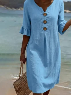 Robe midi femme en lin mélangé col V boutons en bois volants manches courtes coupe ample idéale pour la plage