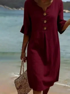 Robe midi femme en lin mélangé col V boutons en bois volants manches courtes coupe ample idéale pour la plage