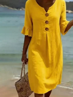 Robe midi femme en lin mélangé col V boutons en bois volants manches courtes coupe ample idéale pour la plage