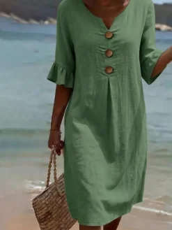 Robe midi femme en lin mélangé col V boutons en bois volants manches courtes coupe ample idéale pour la plage