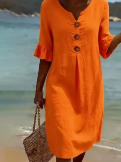Robe midi femme en lin mélangé col V boutons en bois volants manches courtes coupe ample idéale pour la plage
