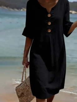 Robe midi femme en lin mélangé col V boutons en bois volants manches courtes coupe ample idéale pour la plage
